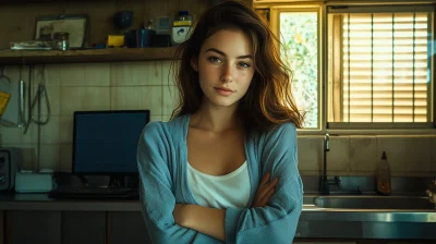 Cinematic Shot of a Smiling Brunette Woman at Kitchen Counter