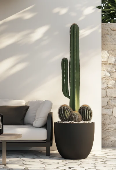 Cozy Indoor Scene with Round Metal Planter and Cacti