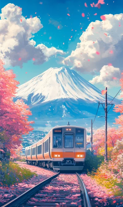 Japanese Inspired Painting Under Mount Fuji