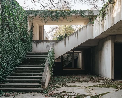 Modernist House with Concrete Stairs and Ivy