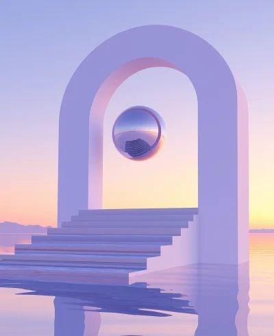 Surreal Architectural Scene with Chrome Sphere