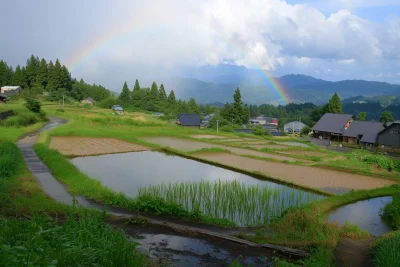 Rainbow over an empty pond