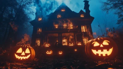 Creepy Haunted House with Flickering Jack O’Lantern