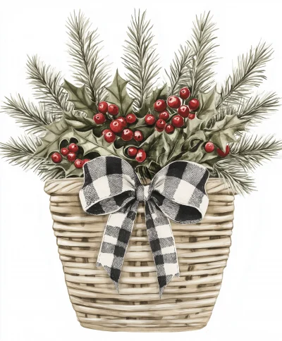 Vintage Christmas Flower Pot Illustration