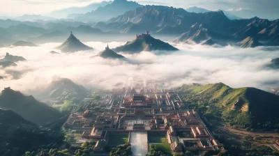 Aerial view over iconic landmarks in Shanxi, China