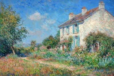 Impressionist Oil Painting of Cottage with Garden in Summer