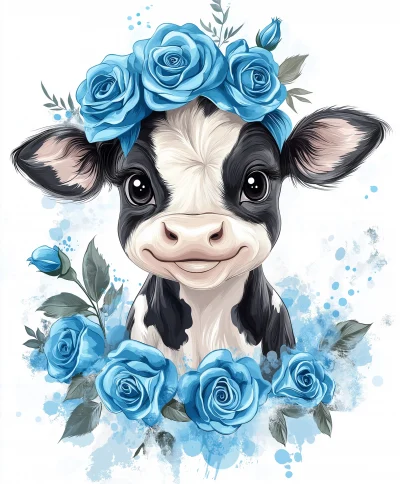 Cute Cow Illustration with Blue Roses