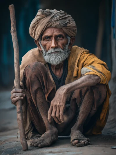 Indian Old Man Sitting on Side Street