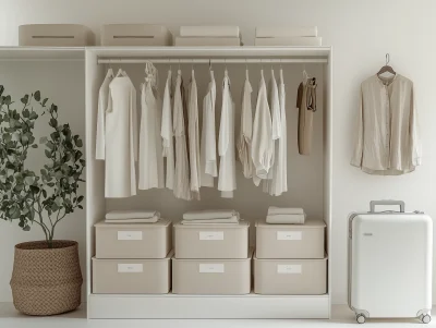 Neatly organized white wardrobe with beige storage boxes