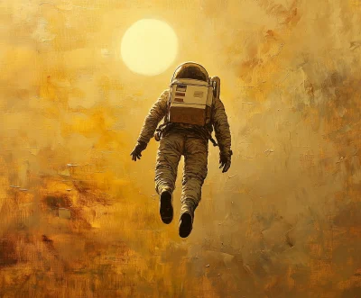 Vintage Astronaut Floating Towards the Sun