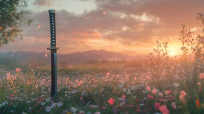 Tranquil Japanese Field with Katana