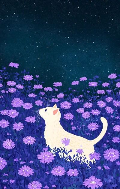 Cat in a Sea of Purple Flowers