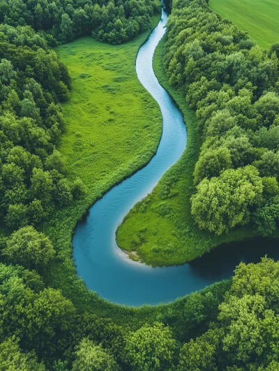 Aerial View of Winding River in Green Forest