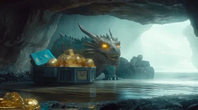 Enormous Dragon Guarding Golden Treasures in Giant Cave