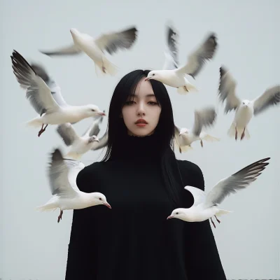 Surreal Asian Woman with Birds Photo