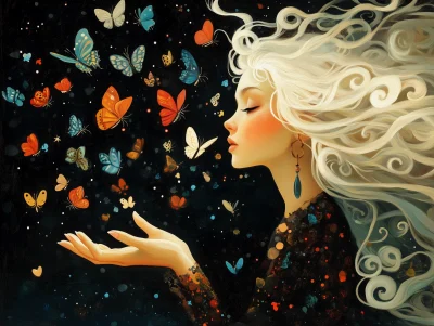 Whimsical and Colorful Painting of a Woman with Butterflies