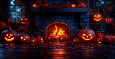 Halloween Scene with Fireplace and Pumpkins