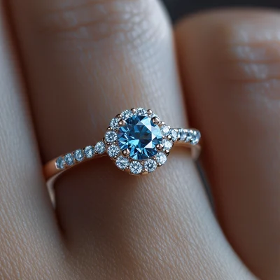 Macro shot of a blue round brilliant Moissanite ring