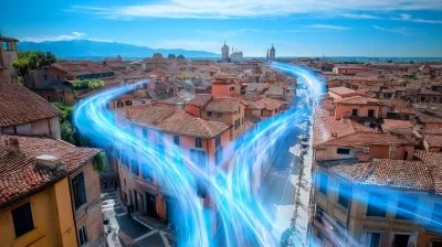 Blue Energy Beam Over Italian City