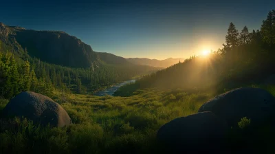 Sunny Morning by a Mountain River