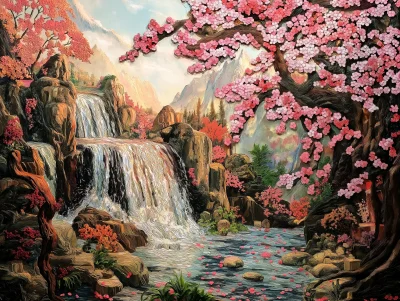 Cherry Blossom Waterfall Mural