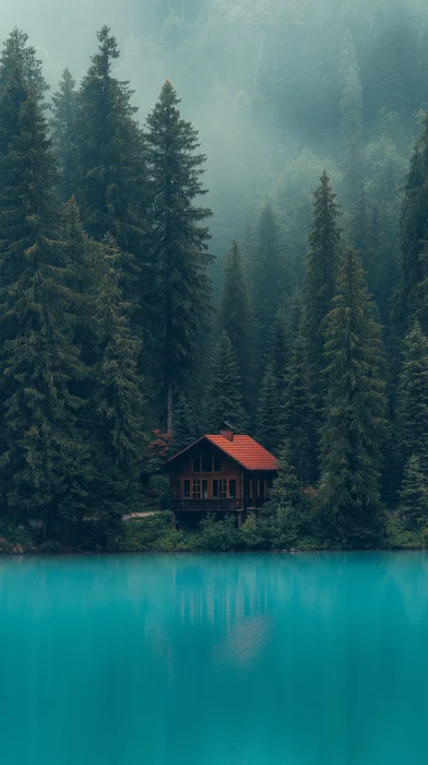 Turquoise Lake in a Foggy Setting