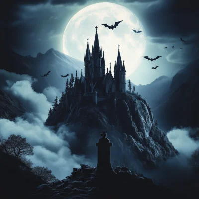 Gothic Castle on Mountain with Bats Flying