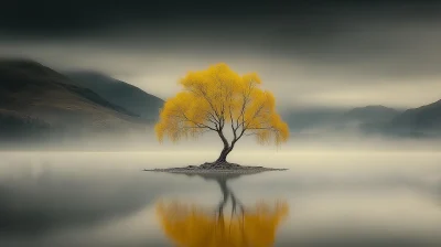 Minimalist Tree in Lake at Sunset