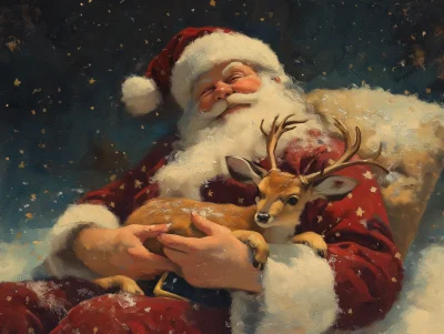 Santa with Baby Deer in Vintage Christmas Scene