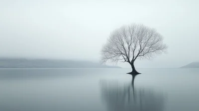 Minimalist White Tree in Monochromatic Landscape