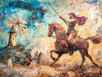 Don Quixote Battling Windmills Illustration