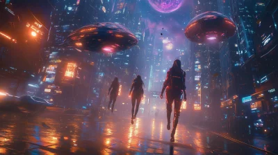 Futuristic City with Flying Y2K Girls