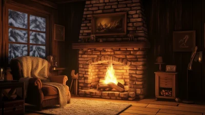 Cozy Fireplace in Rustic Winter Cabin