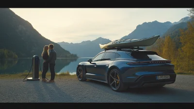 Couple near electric car in nature