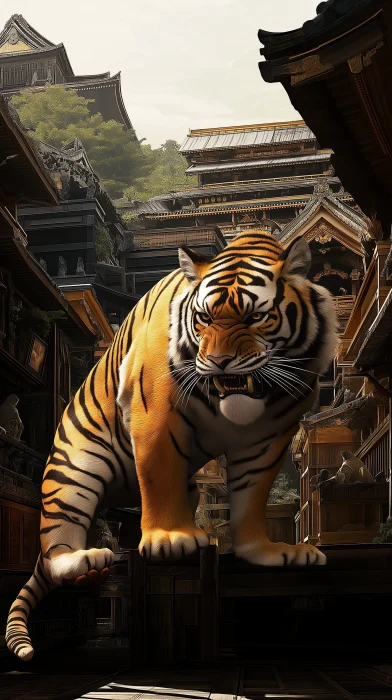 Colossal Tiger in Ancient Japanese City