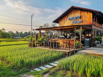 Traditional Jati Wood Cafe Near Paddy Field