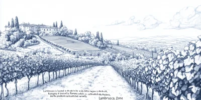 Detailed Pen Line Drawing of Vineyards in Lambrusco, Italy