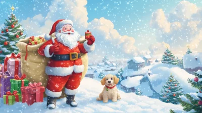 Santa Claus and Puppy in Snow