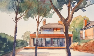 Watercolor painting of a contemporary Victorian house extension