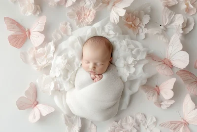 Newborn Baby in White Decor with Pink Butterflies