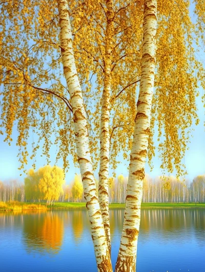 Autumn Birch Trees and Lake