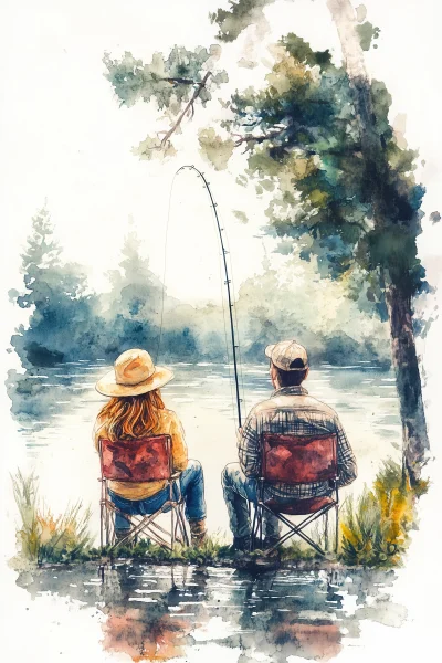 Young couple fishing by the river