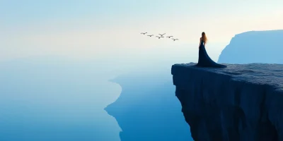 Woman on Cliff Overlooking Sea