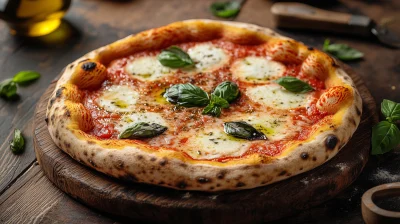 Pizza Margherita on Wooden Board