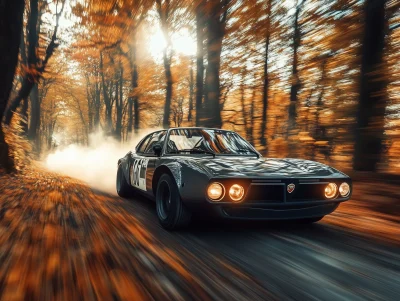 Futuristic Lancia Fulvia HPE in Autumn Forest