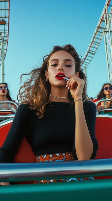 Woman Applying Lipstick on Rollercoaster Cart