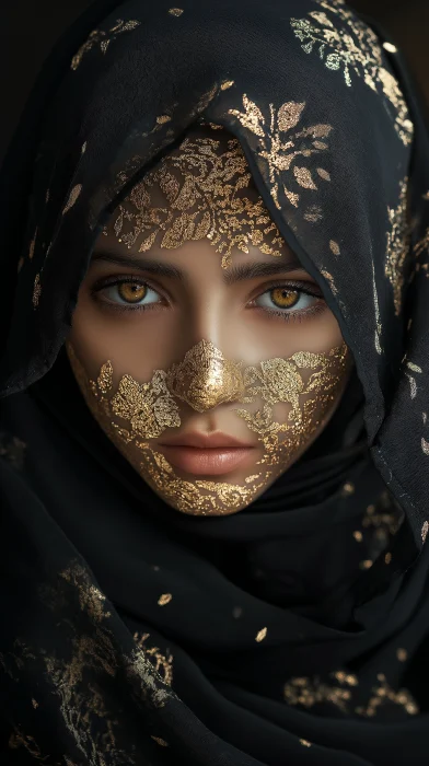 Girl in Black Satin Hijab with Gold Adornments