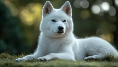 White Hokkaido Ken Dog on Green Background