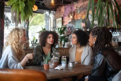 Four Diverse Young Women in Trendy Restaurant