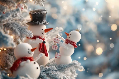 Whimsical Snowman Family Decorating Christmas Tree